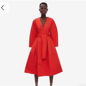 Zara Vibrant Red A-line Shirt dress with tie belt. Coral red color. Below knee.